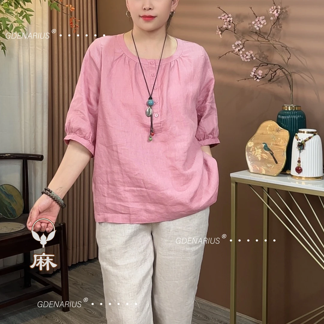 夏季轻薄亚麻多扣圆领半袖小衫舒适好穿宽松上衣气质百搭T恤66162