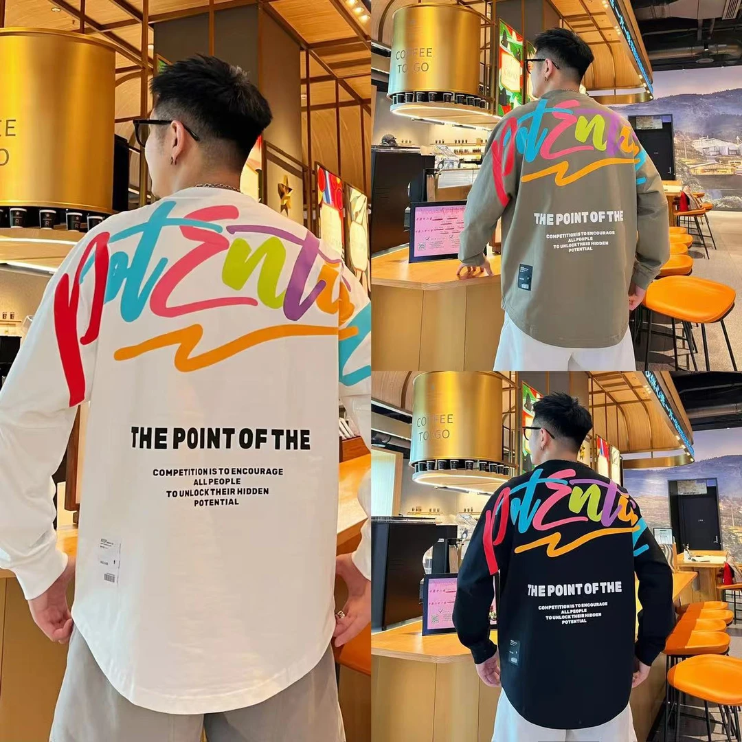 潮款字母印花休闲时尚ins宽松秋季情侣款纯棉百搭圆领长袖打底T恤