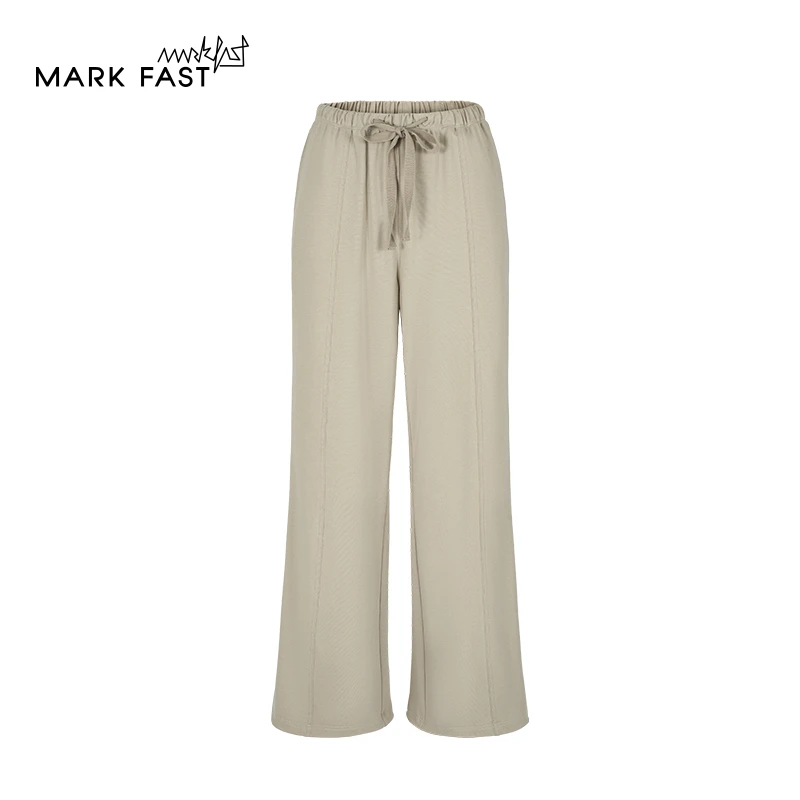 MARKFAST2025春季女款浅褐色宽松直筒松紧腰休闲长裤M1FAW51410