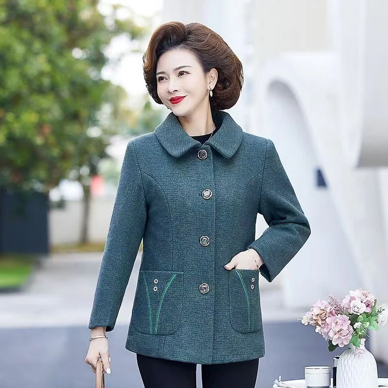 8192-春季新款妈妈装毛呢外套中年洋气短款翻领上衣（康燕）