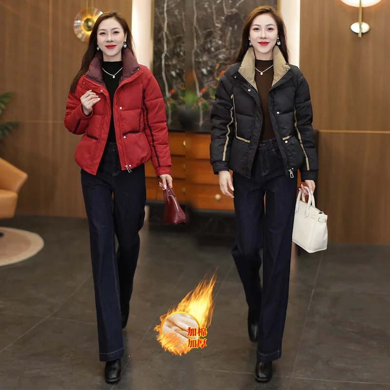 时尚休闲短款棉衣外套女2025冬季新款气质简约纯色拼接棉服上衣