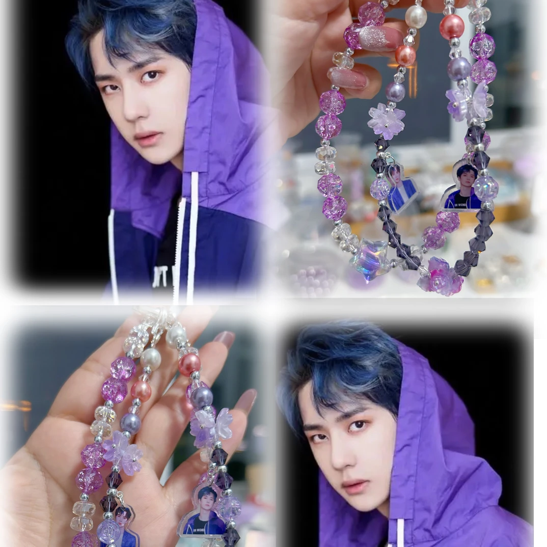 紫色水晶串珠手机链，搭配精美花朵和一博挂件，手工DIY制作～