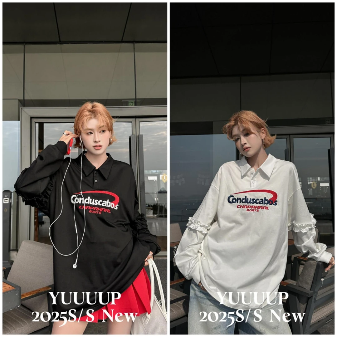 福利 YU 625061 春款 美式复古立体刺绣拼接花边POLO衫