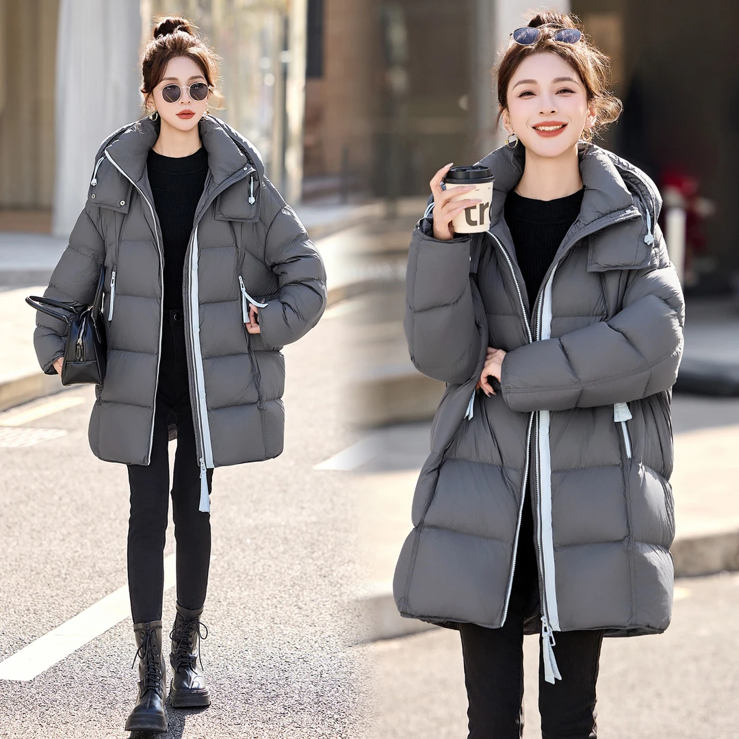 休闲时尚韩版连帽羽绒服女2025冬季新款设计感加厚保暖中长款外套
