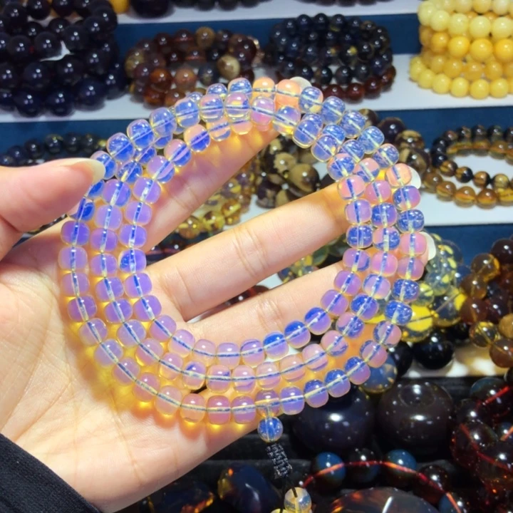 琥珀未镶嵌手链馆藏级5Ａ净水天空蓝蓝珀108