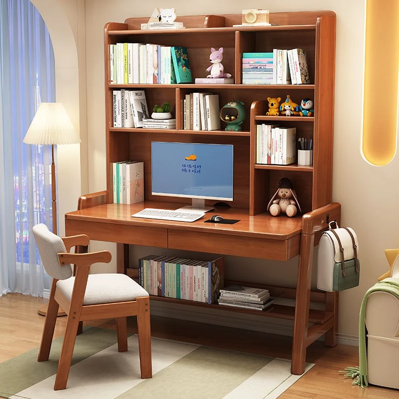 实木书桌书架可升降一体式儿童学习桌卧室简约家用中小学生写字桌