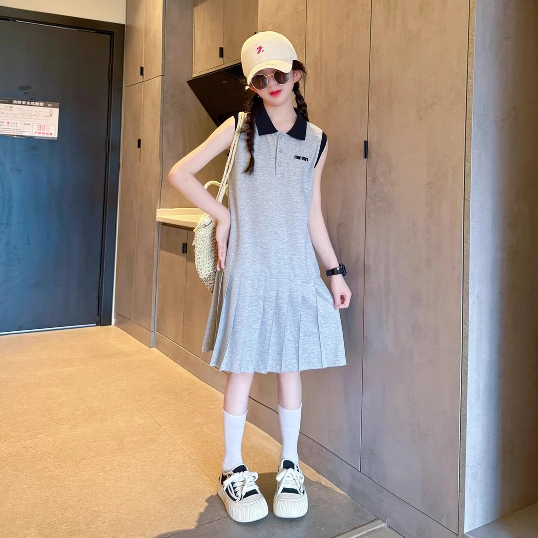 女童连衣裙2025新款夏季POLO初中生女孩裙子薄款超好看韩系百褶裙