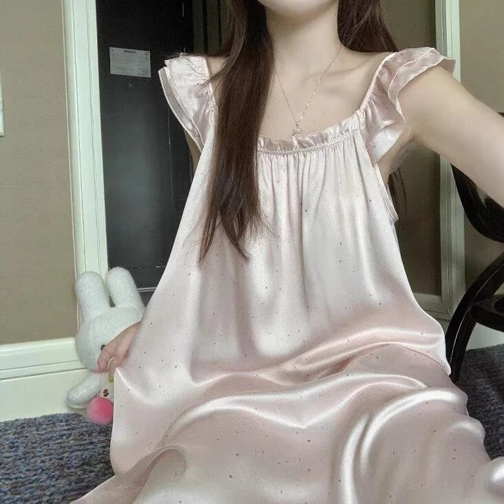 甜美波点粉色少女夏季冰丝睡裙可外穿2025新款夏小飞袖睡衣家居服