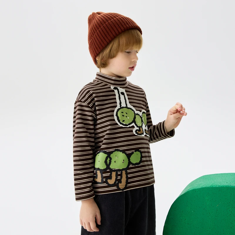 【蚂蚁搬家T】马拉丁童装25秋冬新款条纹印花撞色领长袖T恤