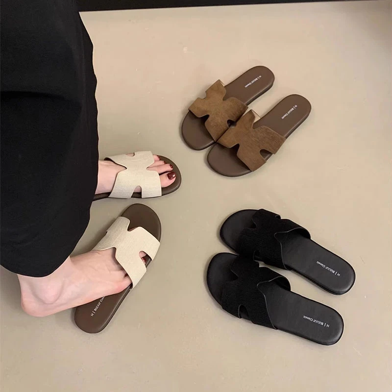 韩系亚麻拖鞋女外穿夏季新款一字H凉拖度假风海边沙滩软平底凉鞋