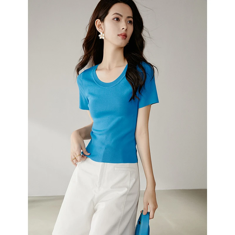 2025夏上衣圆领显瘦短款时尚休闲夏季修身弹力针织短袖女25021827