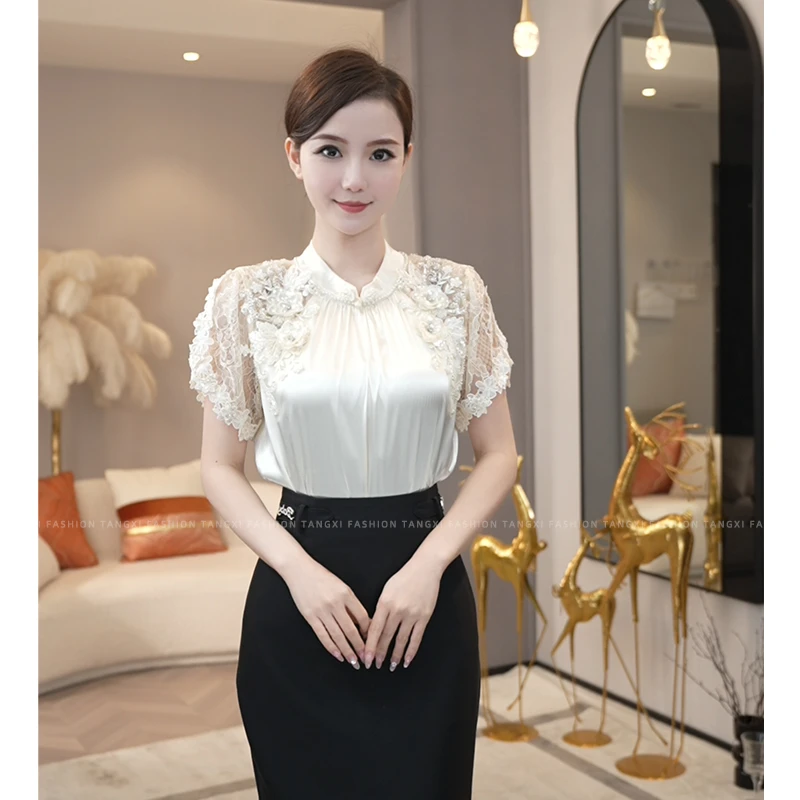 现货2025年新款【7011】气质时尚高级感白色花朵刺绣短袖衬衫上衣女