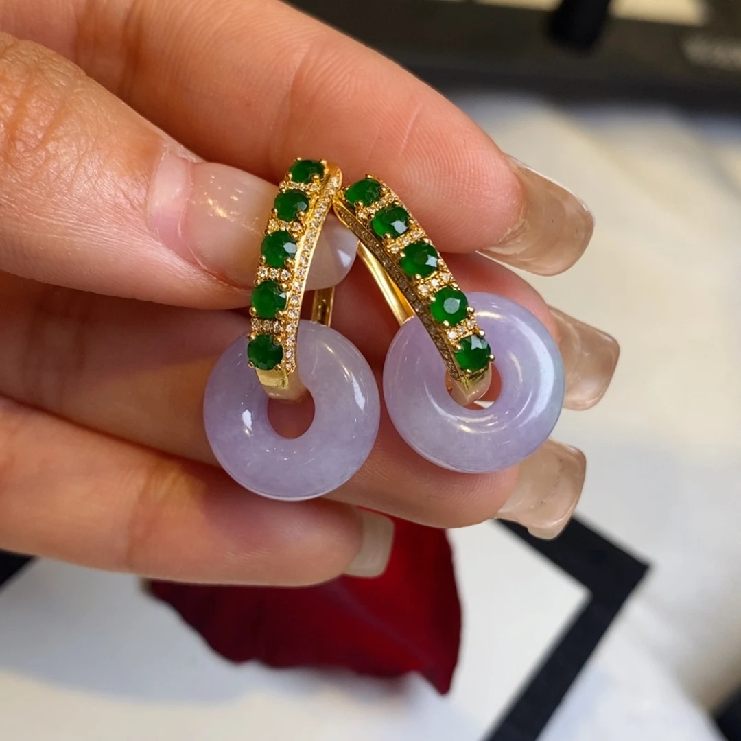 翡翠耳饰18K金镶嵌设计款蛋面耳包➕甜甜圈