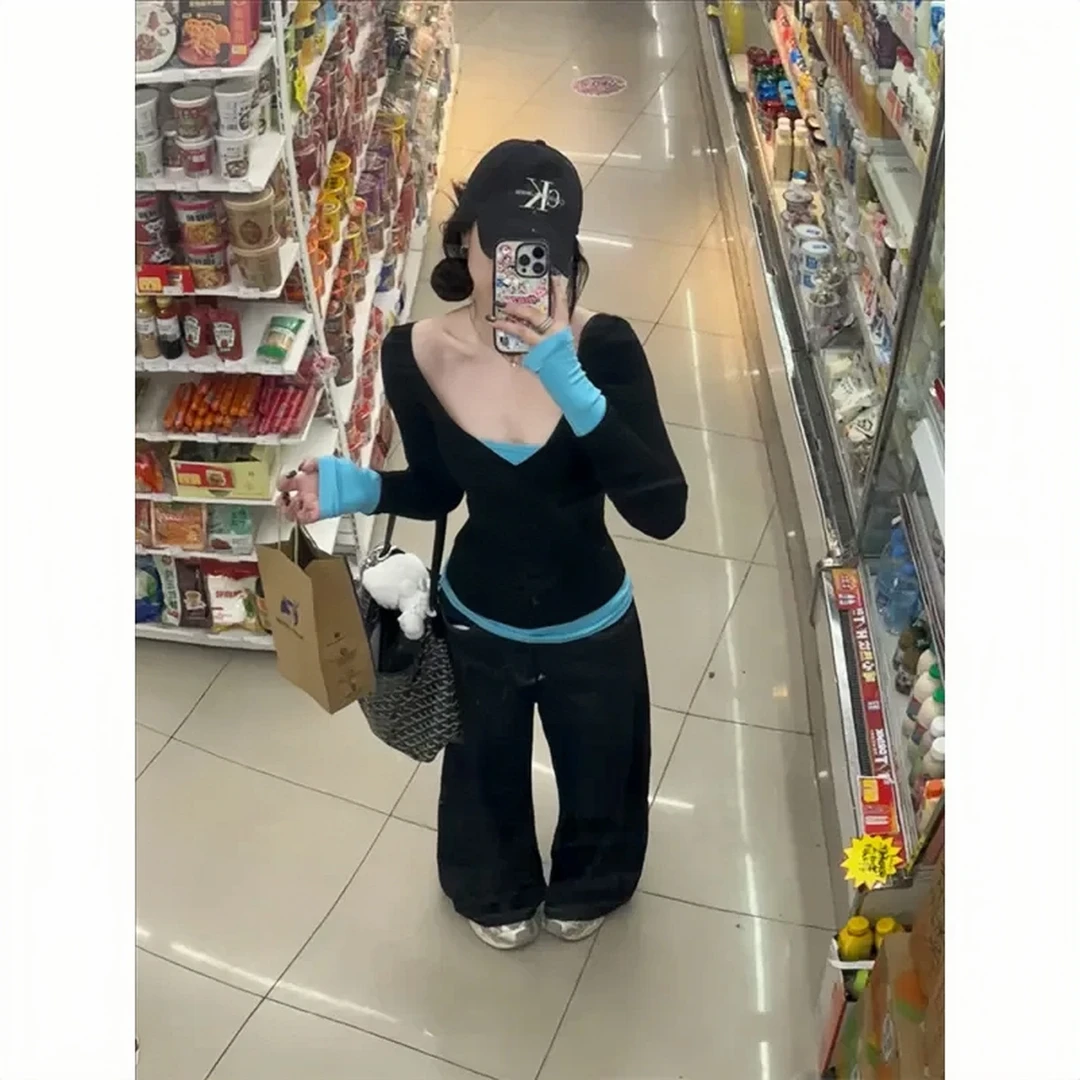 新款辣妹修身显瘦撞色假两件长袖t恤女春秋新款内搭女打底衫上衣