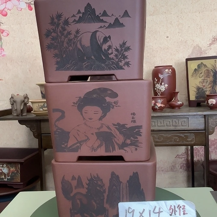 紫砂花盆竹林憨态+四大美女+麒麟