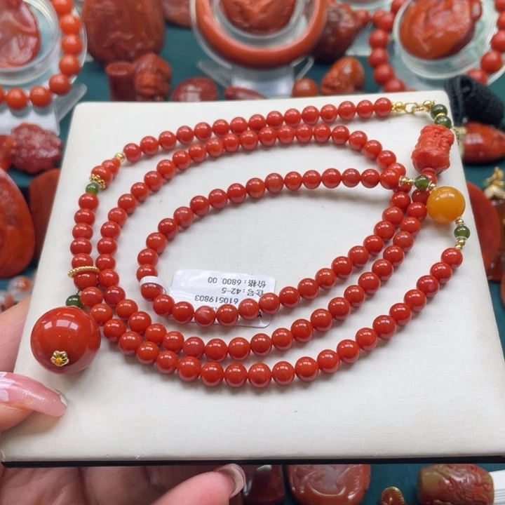 银S925镶嵌瓦西南红dly套装佛珠5+mm南红玛瑙