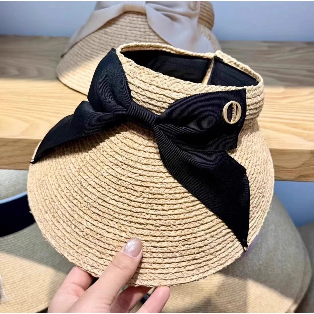 进口天然拉菲草蝴蝶结草编空顶帽女夏海边大檐帽防晒遮阳鸭舌草帽