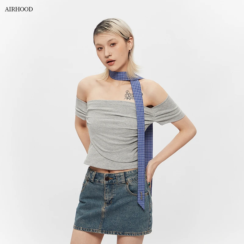 AIRHOOD纯欲挂脖锁骨一字露肩短袖t恤女性感短款皱褶辣妹N5081