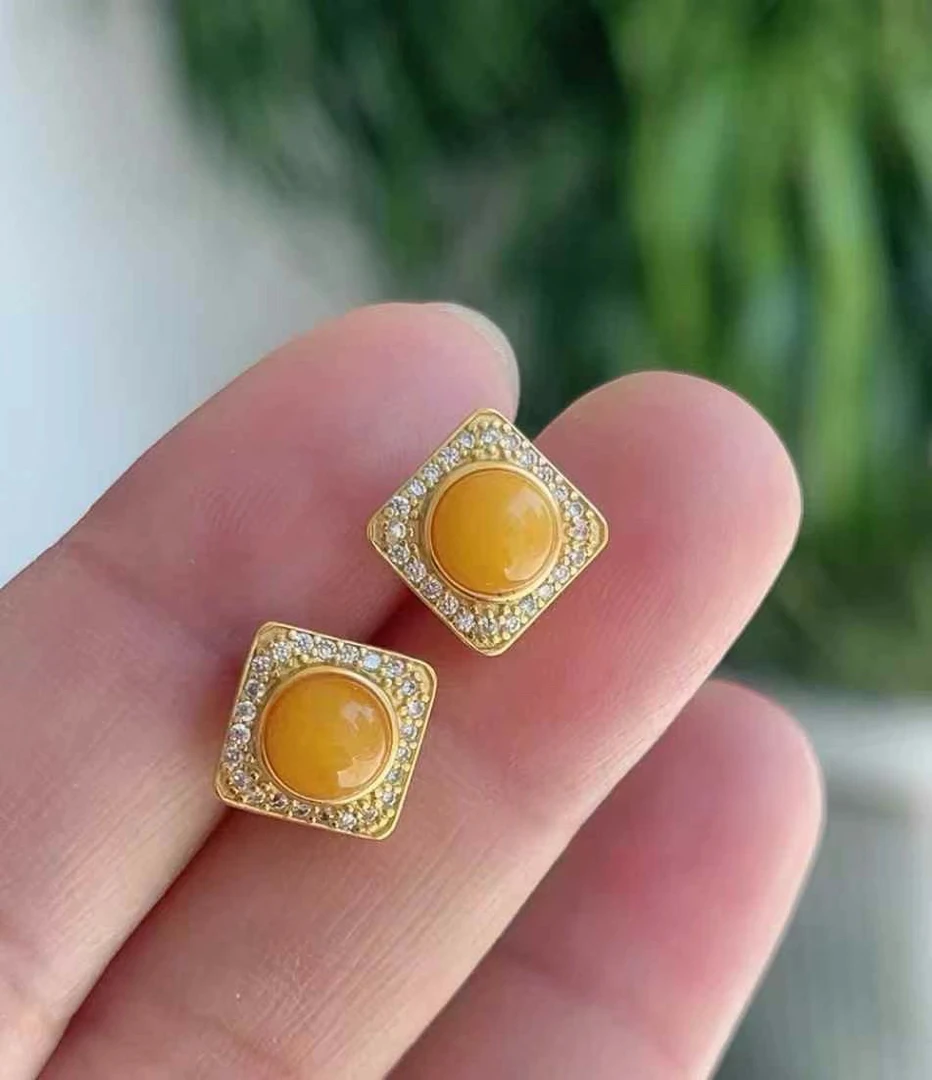 【赛总专属】天然蜜蜡耳钉  方糖耳钉 黄色时尚气质