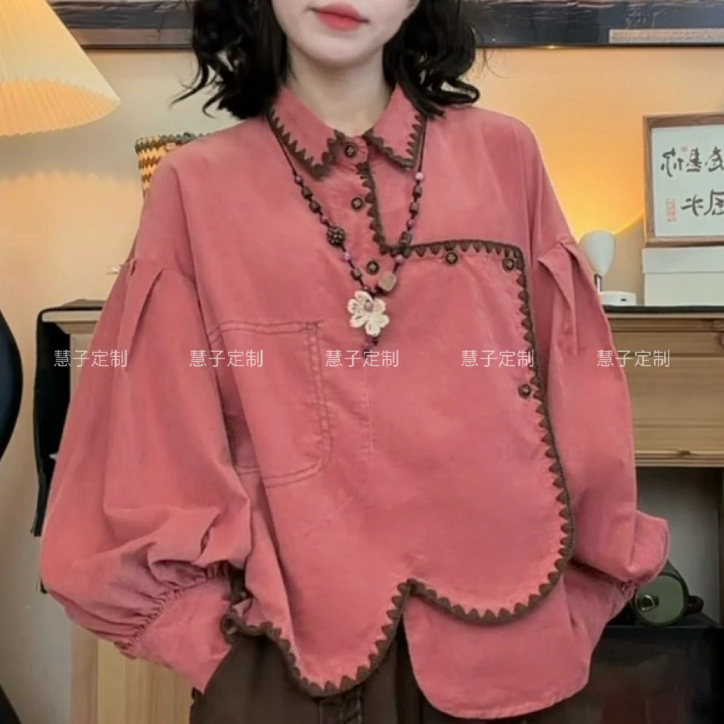 HZ“桃之夭夭”新款蜜桃粉灯芯绒棕色专机线波浪下摆不撞款上衣