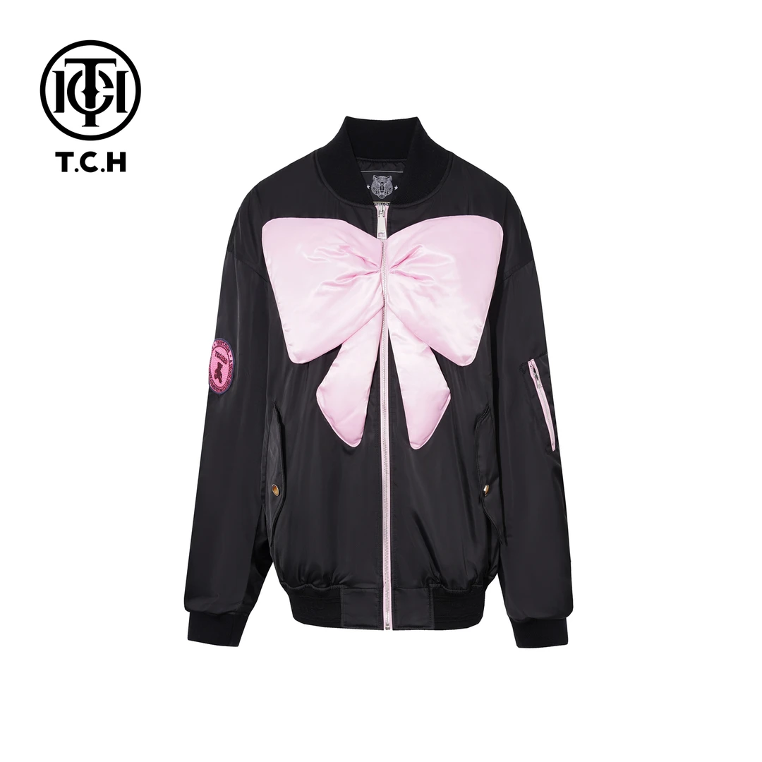 TCH【少女感】冬款时尚百搭可爱蝴蝶结黑色长袖外套T78A186001