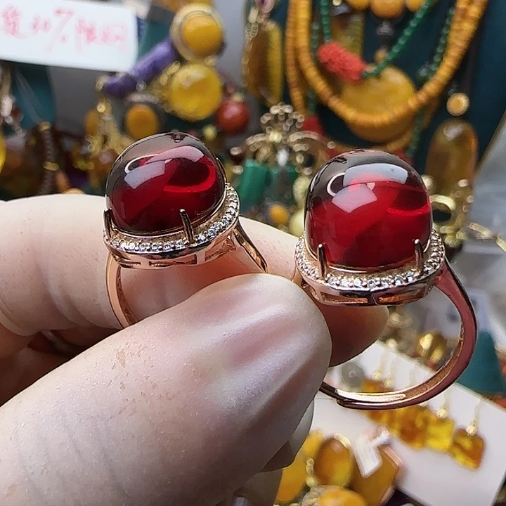 琥珀银S925镀金镶嵌戒指