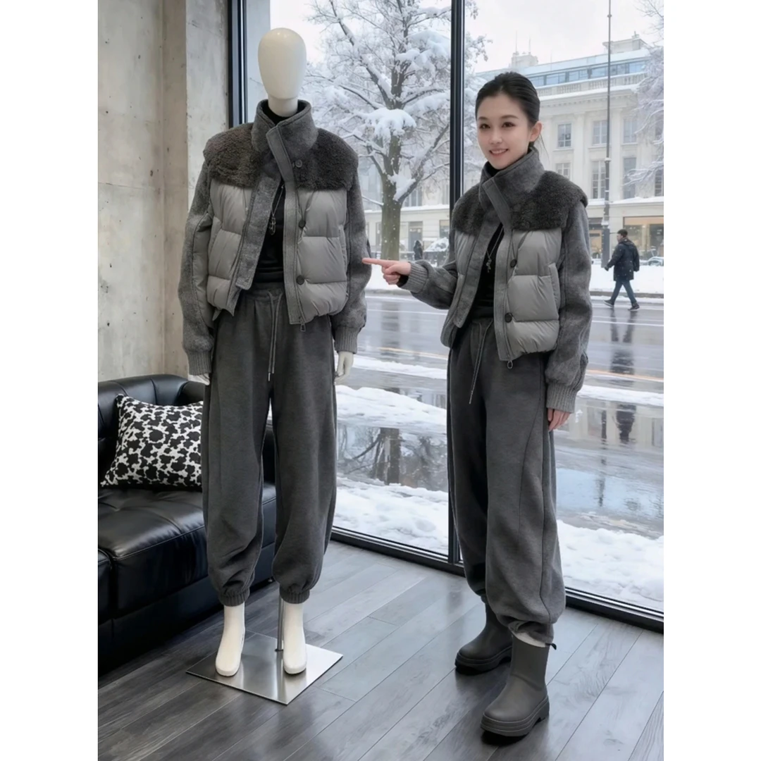 冬季套装女保暖休闲运动棉服外套灰色束脚裤一整套2025年超火穿搭