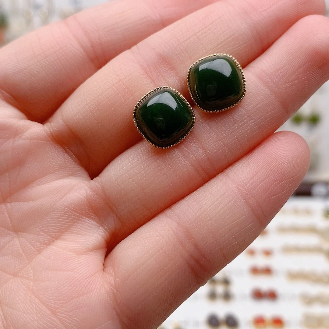 和田玉银S925镶嵌耳饰