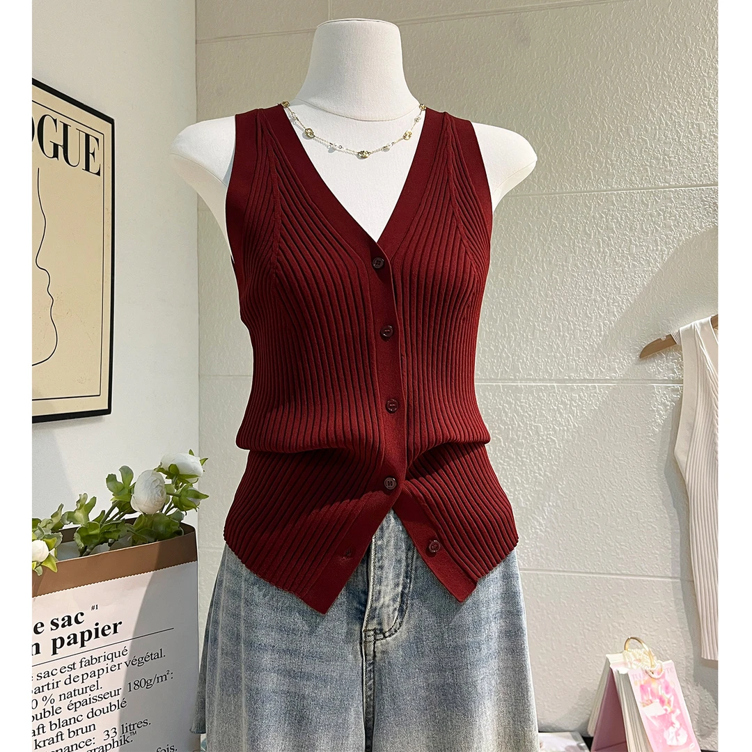 红色挂脖吊带背心女夏季新款设计感外穿港风复古v领冰丝针织上衣