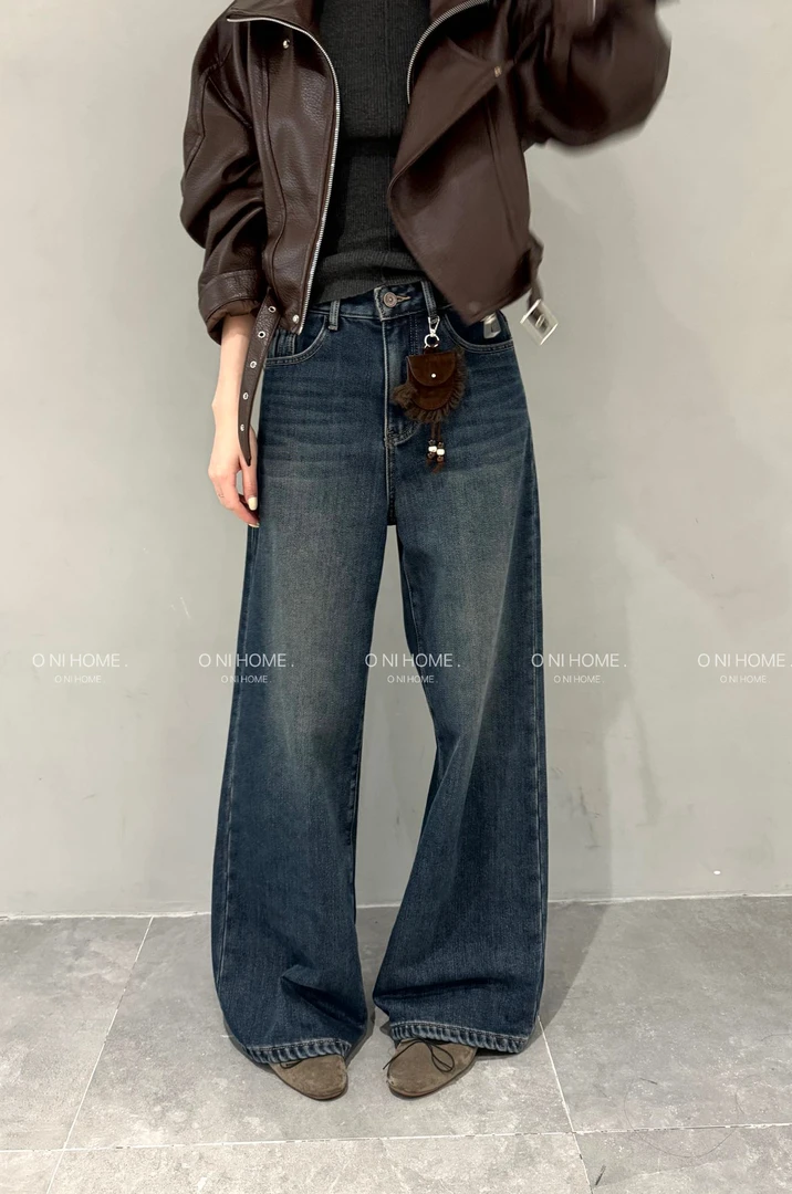 【欧尼家】秋冬~韩系水洗加绒牛仔筒裤 裤长104