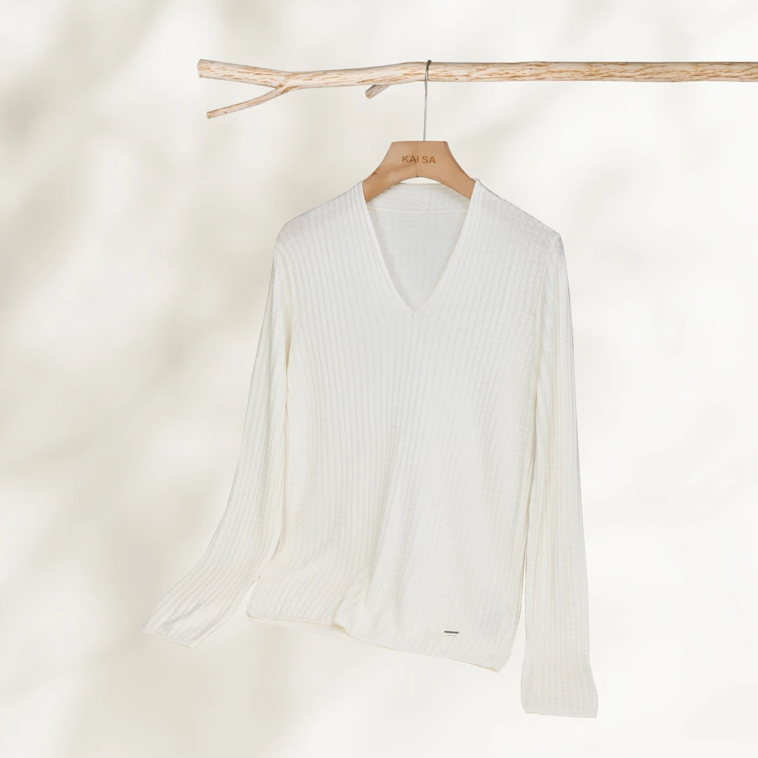 【香草】春季新款桑蚕丝菱形块针织V领长袖上衣