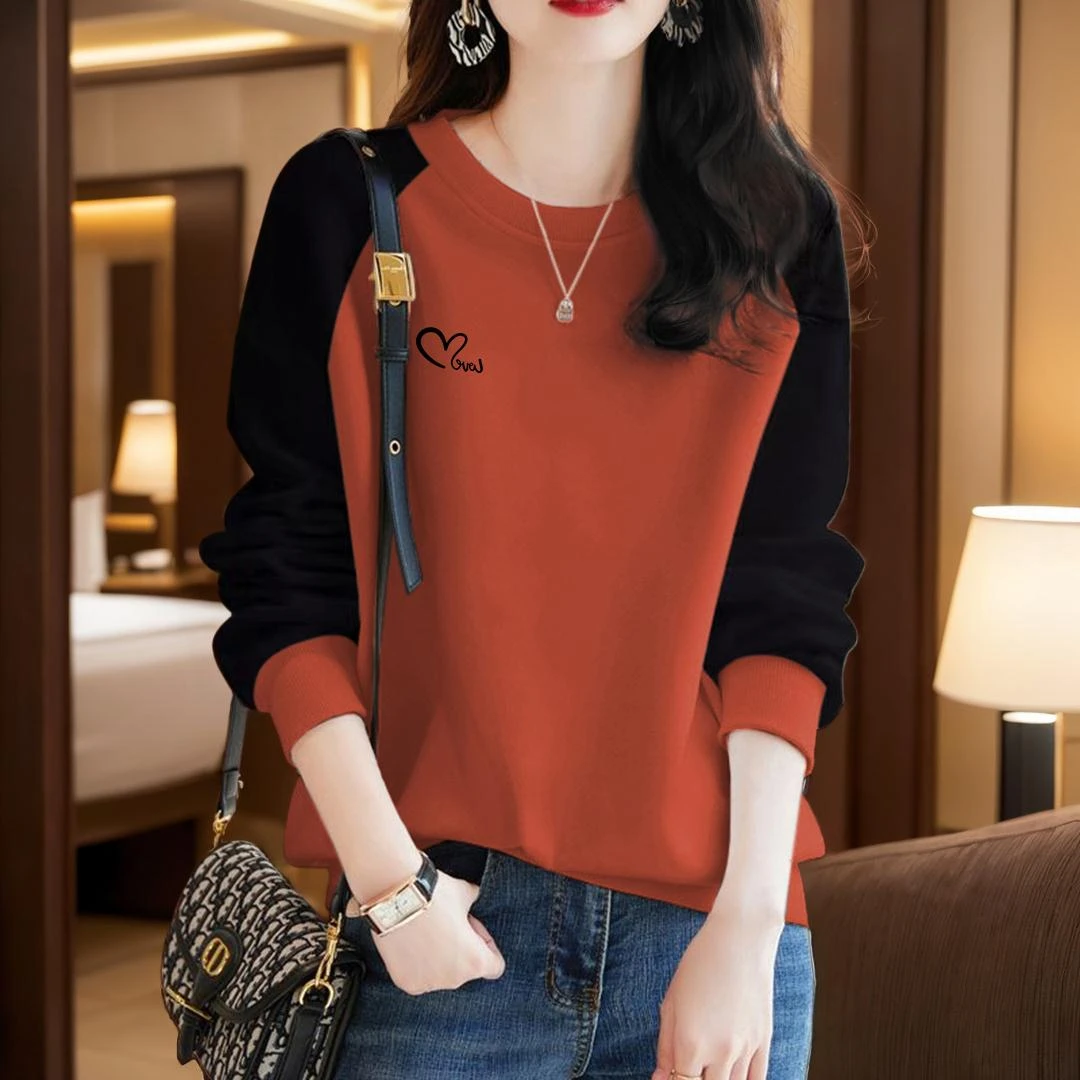 法劳格拼接款时尚韩系印花圆领厚棉T女小香风年秋季外穿宽松显瘦