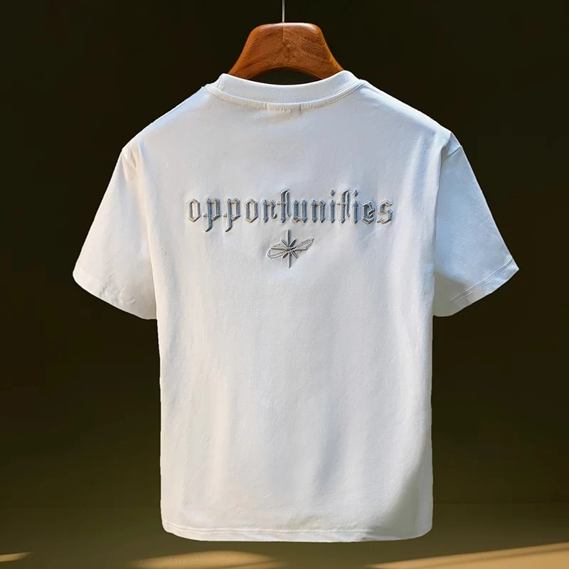 JJ夏季高端刺绣T恤男士潮流白色大码柔感短袖上衣休闲百搭体恤衫
