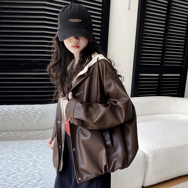 女童皮衣春秋休闲洋气儿童假两件连帽帽外套10-15岁大童韩版童装