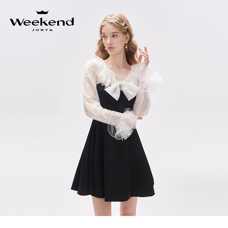 卓雅周末气质女装高级感浪漫蕾丝荷叶边蝴蝶结连衣裙EJWDCR97