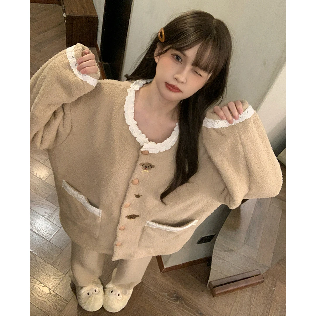 秋冬季睡衣女款爆款2025新款珊瑚绒加厚加绒家居服半边绒保暖套装