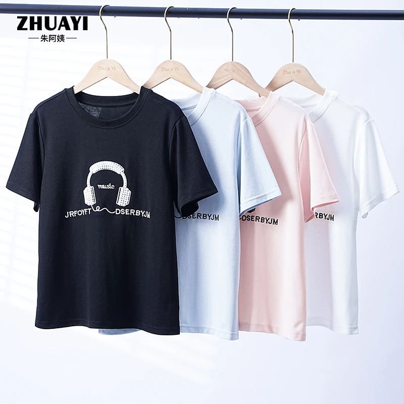 女大童T恤2025夏季耳机字母圆领短袖纯色半袖印花上衣宽松