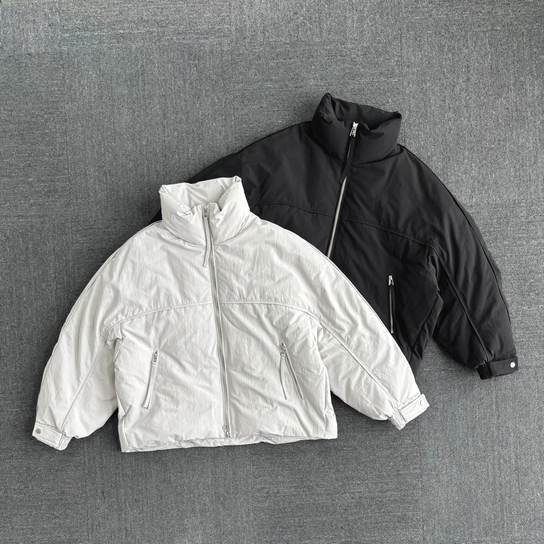 无肩线羽绒外套长袖休闲风纯色百搭极简风加绒保暖立领收口袖上衣