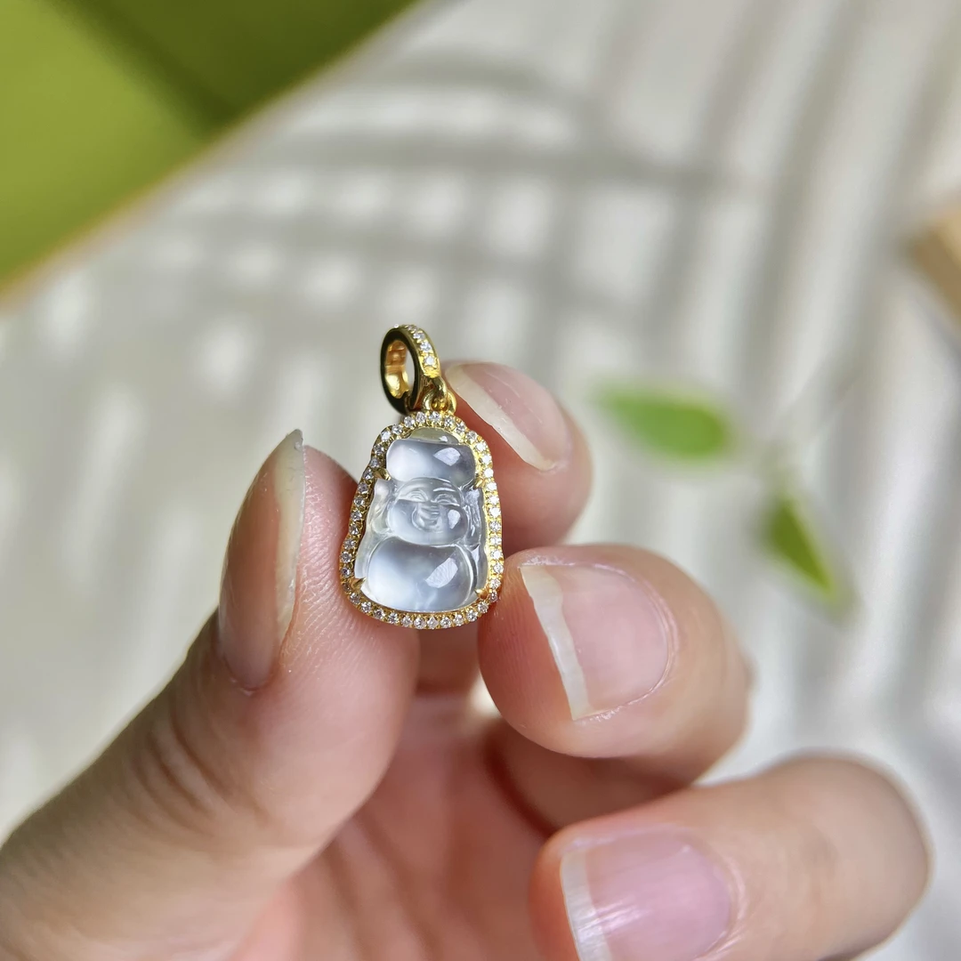 天然A货翡翠高冰种财神爷吊坠18k金南非真钻镶嵌项链气质时尚款