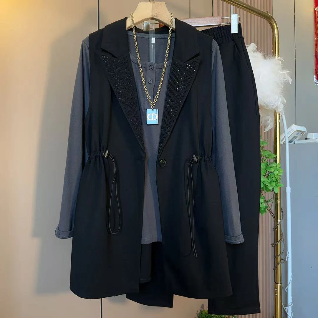 2025欧货时尚潮流休闲百搭钻领显瘦马甲三件套