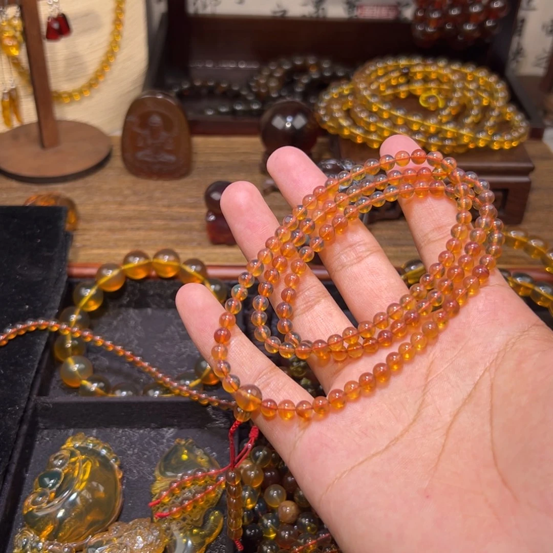 琥珀未镶嵌颈饰5mm金棕红108