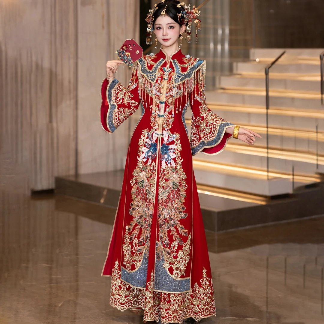 奢华秀禾服2025新款新娘重工凤冠霞帔中式婚服嫁衣出阁敬酒服1078