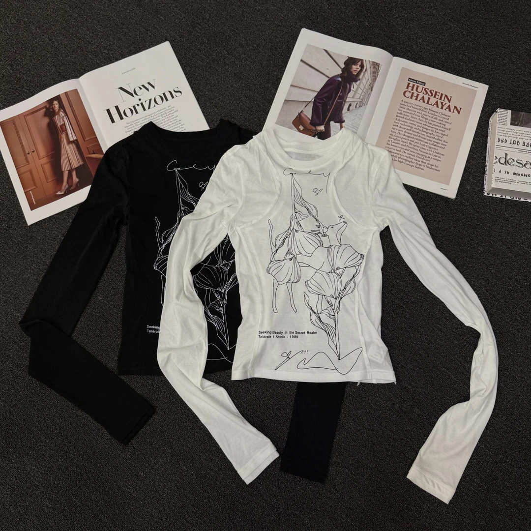 TOLDROLE 塔鹿蕾 圆领拼接套头假两件修身印花打底T恤Y050