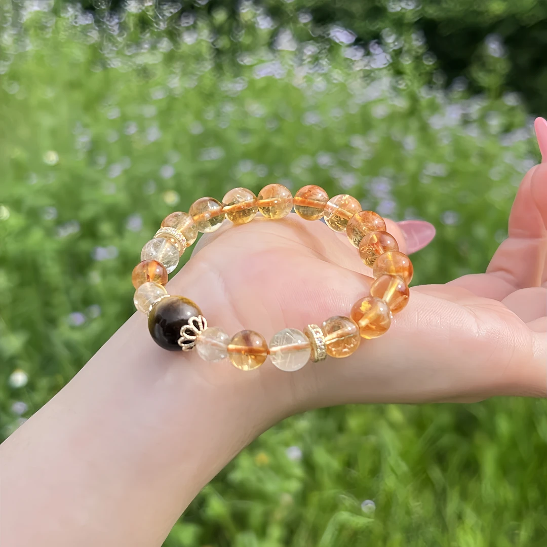 【聚宝湓（升级版）】天然黄塔晶金发晶黄虎眼手串情侣款女多样性发一