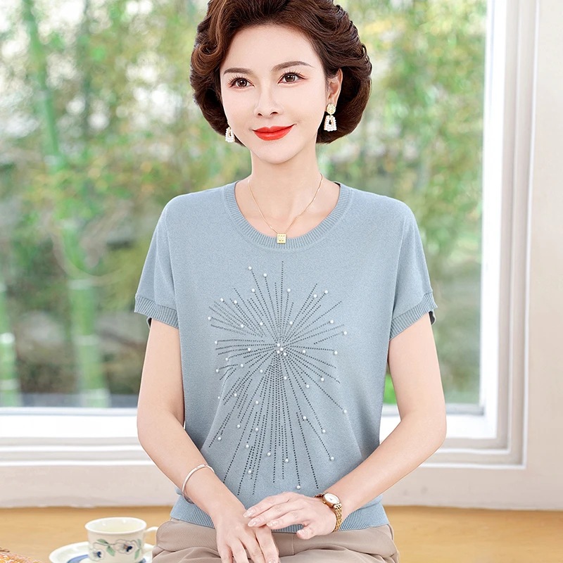 妈妈装夏季冰丝短袖大码薄款上衣中老年女装针织时尚50岁T恤衫