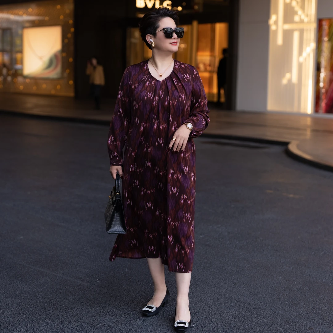 2025早春法式大码女装碎花轻奢优雅贵气经典酒红印花连衣裙0362