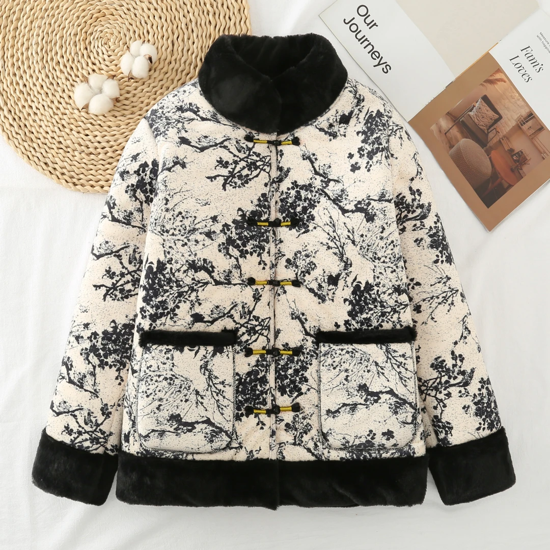 Y1902新中式秋冬新款国风外套加厚一体羊驼绒毛毛棉衣保暖棉袄女