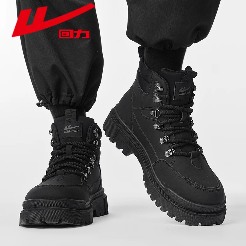 回力马丁靴男鞋冬季工装靴子男士百搭户外加绒棉靴登山黑色高帮靴