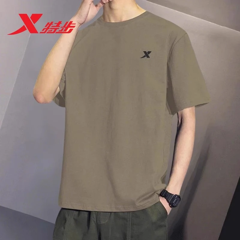 特步短袖男2025夏季正品纯棉t恤宽松圆领半袖上衣纯色运动服体恤
