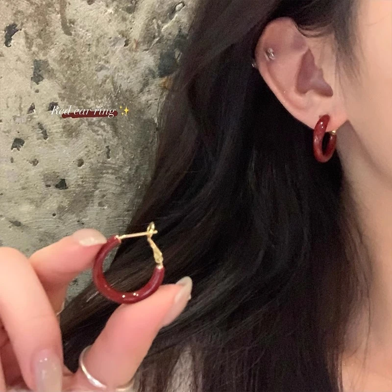 合金亚克力耳饰 合金亚克力耳饰红茶风安可拉红小耳圈小众设计